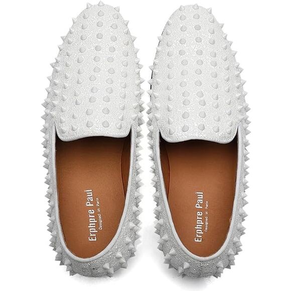 Erphpre Paul Mens Size 11 White Sparkle Silver Studded Spiked Slip On Loafers